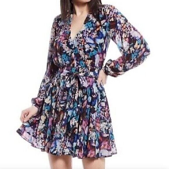 NEW NWT BELLE BADGLEY MISCHKA Alison V-Neck Garden Dress Purple Blue Floral US 4 - Picture 1 of 12